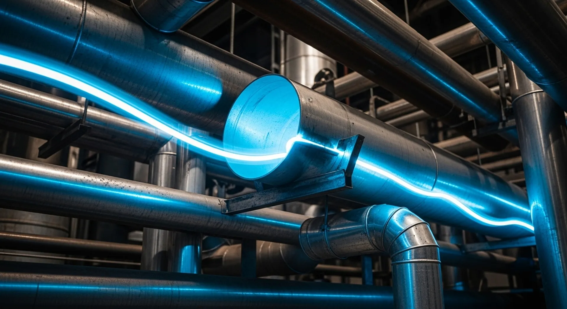 青い光の線が通る産業用金属パイプのクローズアップ。
